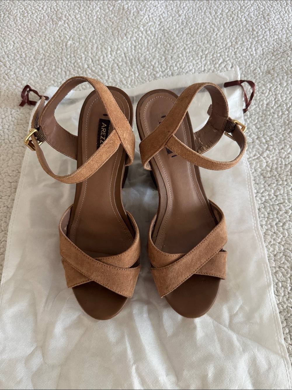 Arezzo Suede Tan Cross-Strap Block Heel Sandals
